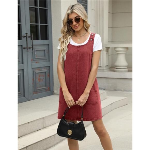 Denim Overall Dress for Women Casual Mini Sleeveless Jean Vintage Jumper - Picture 2 of 5